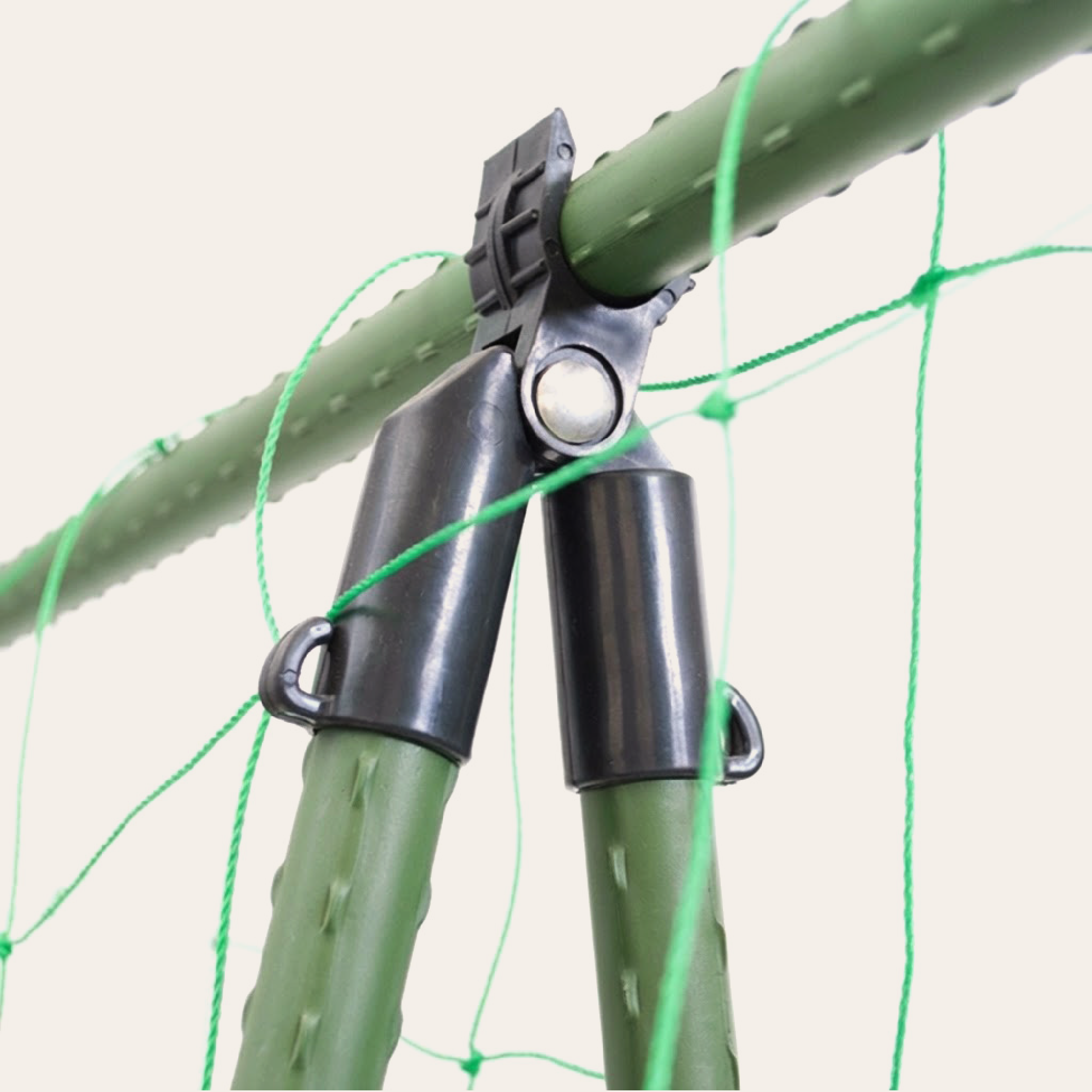 Flexible connector attached to garden stakes at various angles