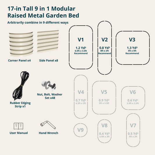 Setup configuration options for 17 inch 9-in-1 modular garden bed showing all 9 layouts
