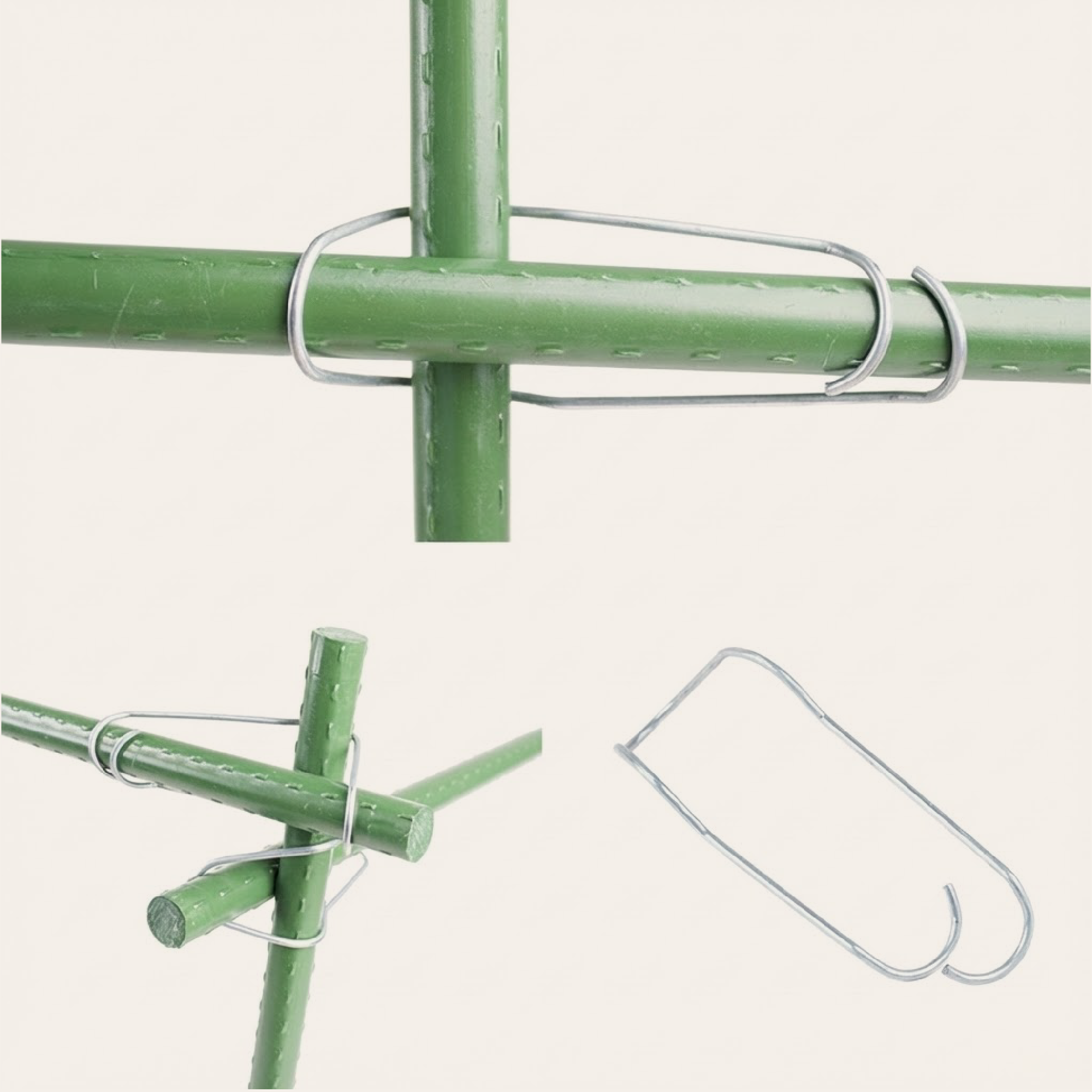 Wire buckle connector installed on garden stake joint