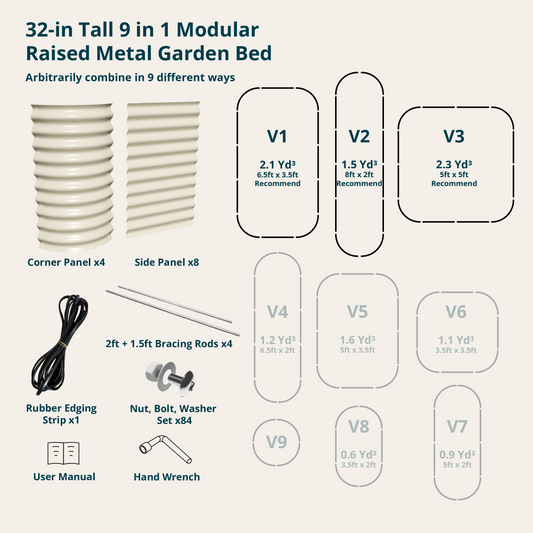 Setup options diagram for 32 inch 9-in-1 modular garden bed showing all configurations